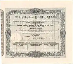 Namenszertifikat über 5 Aktien zu 500 Francs der Société Générale de Crédit Mobilier, ausgegeben am 20. März 1866, eigenhändig unterschrieben von Émile Pereire. Die 1866 erfolgte Verdoppelung des Aktienkapitals des Crédit Mobilier durch Emission von 120.000 Aktien war ein letzter verzweifelter Versuch, sich aus der bedrängten Lage zu retten, aber der Zufluss der 60 Millionen Francs neuer Mittel hielt die Katastrophe nur noch eine kurze Weile auf; diese erfolgte im Herbst 1867.