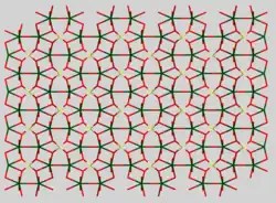Dreidimensionale Packungsstruktur von Soddyit in Richtung der kristallographischen a-Achse