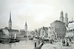 Blick vom ehemaligen Standort des Grendels auf die Schifflände und das Sonnenquai, Stich von Deroy, 1845