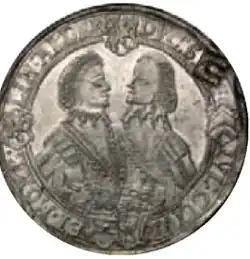 Alte, geprägte Münze zur Hochzeit Sophie Elisabeths mit Fredrich Wilhelm I., abgebildet sind Büsten des Brautpaar(1683)
