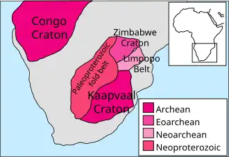 Simbabwe-Kraton und Limpopo-Gürtel mit dem Kaapvaal-Kraton