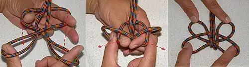 Umgreifen, mit dem linken Finger und Daumen das Auge vergrößern, die „oberen“ Buchten durch die „unteren“ Augen durchstecken und (nach unten) vergrößern bzw. langziehen. Die Enden dichtholen und fertig.