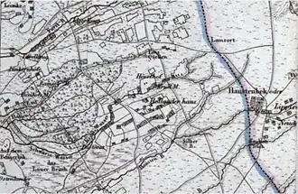 „Haustenbek“ („Lippisch-Neudorf“) mit Landes- und Konfessionsgrenzen, Stand 1824