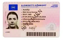 Specimen for the European driving licence used in Finland since 2019, front side