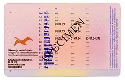 Specimen for the European driving licence used in Finland since 2019, rear side