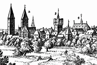 Jakobskirche (2), Marxtor (3), Franziskanerkloster (4) nach dem Stich von Merian