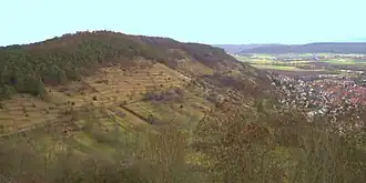 Blick von der Wurmlinger Kapelle auf dem Wurmlinger Berg ostwärts zum Spitzberg; rechts Hirschau