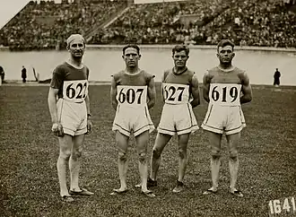 Die belgischen Starter (v.&nbsp;l.&nbsp;n.&nbsp;r.): Jean Marien (56.), Léon Broers (18.), Théophilus Steurs (37.) und Jean&nbsp;Linsen&nbsp;(42.)