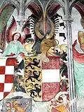 Wappen von Kärnten mit Helmziervariante, wie es in einem Fresko von 1498 in der Abtei St. Paul im Lavanttal zu sehen ist