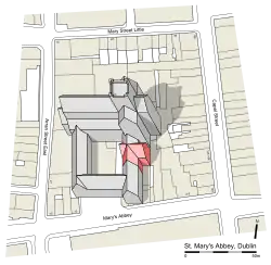 Axonometrisches Modell von St. Mary's Abbey (der bis heute erhaltene Kapitelsaal in roter Farbe)