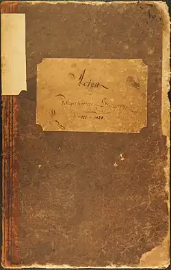 Einband des ältesten Protokollbands der Sektion Bern, Aufschrift: Acten / des / Zofingervereins der Studierenden / in Bern / 1820–1828 (Staatarchiv des Kantons Bern, V Zofingia 1)