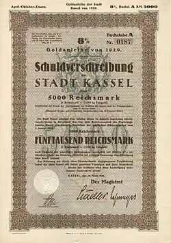 Goldanleihe der Stadt Kassel vom 20. März 1929 mit Unterschrift von Oberbürgermeister Herbert Stadler.