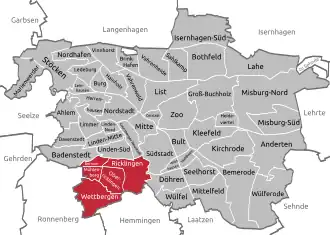 Lagekarte des Stadtbezirks Ricklingen in Hannover