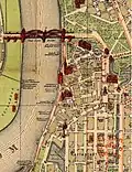 Darstellung der Umgestaltung nach dem Bau der Oberkasseler Brücke und deren Brückenrampe im Stadtplan Düsseldorf-Altstadt und Karlstadt, 1909 (Ausschnitt)