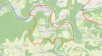 Lage und Gemarkung der Gemeinde Wertheim sowie die Stadtteilgrenze der Kernstadt Wertheim.