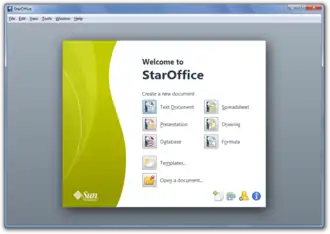 Bildschirmausdruck der StarOffice-Version 9.1.0 unter Windows 7 (englische Version, Startbildschirm)