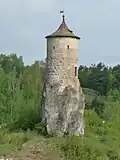 Bergfriedartiger Wartturm „Steinerner Beutel“ (13&nbsp;m hoch) der Burgruine Waischenfeld