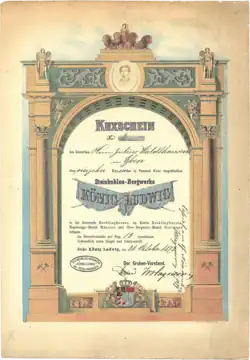 Kuxschein des Steinkohlen-Bergwerks König Ludwig, ausgestellt am 28. Oktober 1872 auf den Essener Kaufmann und Bergbauunternehmer Julius Waldthausen, original unterschrieben von dem Bankier Wilhelm Hagedorn als Grubenvorstand