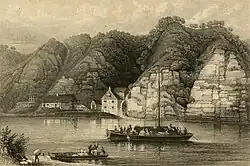 Die Steinmühle am Felshang der Weser vor 1841, noch ohne die Straße …