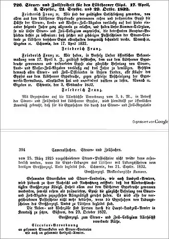 Auflistung der Steuer- und Zoll-Befreiungen auf Lübtheener Gips.