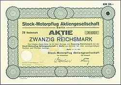 Aktie über 20 RM der Stock-Motorpflug AG vom Juli 1929