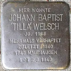 Stolperstein für Johann Baptist 'Tilla' Welsch (Schnurgasse 64)