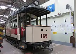 Historischer Wagen 169 im Straßenbahn­museum Chemnitz-Kappel, 2018