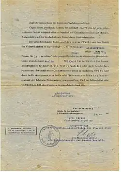 Kostenrechnung an Friedrich Rosenau: Die Gebühr für den Strafbefehl betrug 10,00 DM