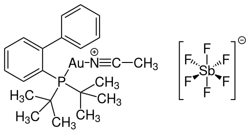Strukturformel von (Acetonitril)(2-biphenyl)di-tert-butylphosphangold(I)-hexafluoroantimonat(V)