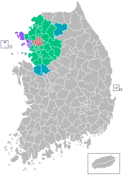 Lage von Sudogwon in Südkorea (rot: Seoul, violett: Incheon, grün: Gyeonggi-do, blau: andere Gebiete)