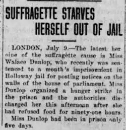 Artikel über Wallace Dunlop's Hungerstreik im Arizona Silver Belt, 10. Juli 1909