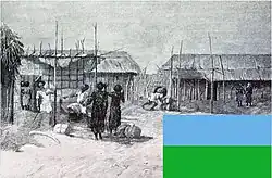 Residenz des Sultans in Raheita (1885) und vermutliche Flagge des Sultanats