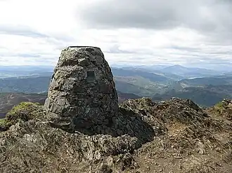 Aussichtstafel am Gipfel, Blick nach Südwest. Der kegelförmige hohe Berg im rechten Viertel ist der 25 km entfernte Schiehallion