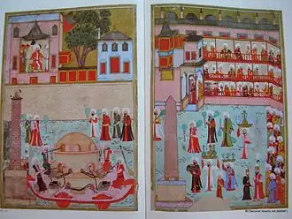 Parade der Glasbläser mit einem Schmelzofen.