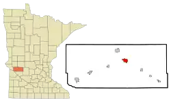 Lage von Benson im Swift County (rechts) und in Minnesota (links)