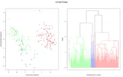 Daten und Dendrogramm für das Average-linkage-Verfahren.