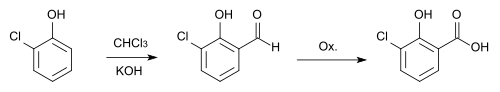 Herstellung von 3-Chlorsalicylsäure mit 3-Chlorsalicylaldehyd als Zwischenstufe.