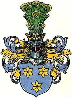 Zylinderförmiger Pfauenstoß als Helmzier derer von Töwden