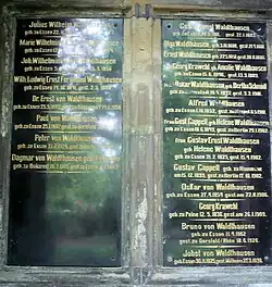 Tafel der Grabstätte, Ernst von Waldthausen befindet sich rechts oben