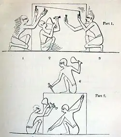 Steinbearbeitung nach einer Darstellung im Grab des Rechmire (TT100) aus dem Neuen Reich.