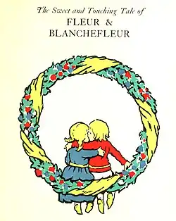 Unter dem ausgeschriebenen Titel zeigt die Titelseite einen großen, bunten Blumenkranz, auf dem ein Junge und ein Mädchen sitzen, die jeweils einen Arm um die andere Person gelegt haben; der Junge küsst das Mädchen auf die Wange.