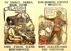 Polnisches Propagandaplakat, dass die vermeintlichen Vorteile der von Polen versprochene Bodenreform darstellt