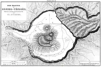Tengger-Gebirge, aufgenommen im Jahr 1844. Aus F. Junghuhn: Java, seine Gestalt, Pflanzendecke und innere Bauart, Band 2, S. 572.