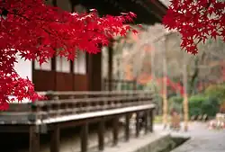 Ahornblätter im Vordergrund eines Gebäudes des Tenryū-ji