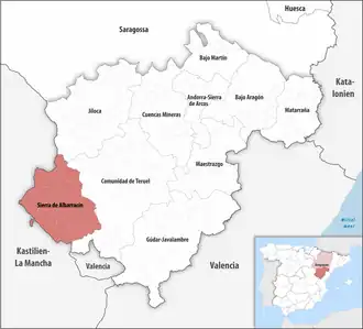 Die Lage der Comarca Sierra de Albarracín in der Provinz Teruel