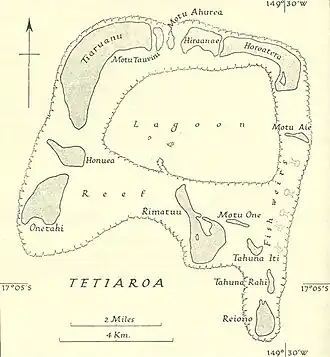 Historische Karte von Tetiaroa Tahuna Iti und die Sandbank Motu One sind vertauscht.