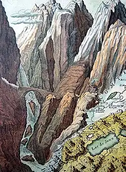 Eine der Illustrationen im Randbereich der Karte: die Schöllenen mit der «Teufelsbrücke»