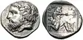 Thasische Drachme, Silber: Dionysos/Herakles, etwa 411-340 v. Chr. (Le Rider: Thasiennes 19), SNG Kopenhagen 780285, (15&nbsp;mm, 3,61&nbsp;g)