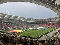 Die MHP-Arena und die renovierte Haupttribüne des Stadions während eines Gruppenspiels der Europameisterschaft 2024.