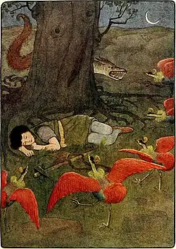 Lina beschützt den schlafenden Curdie vor aufdringlichen Vögeln